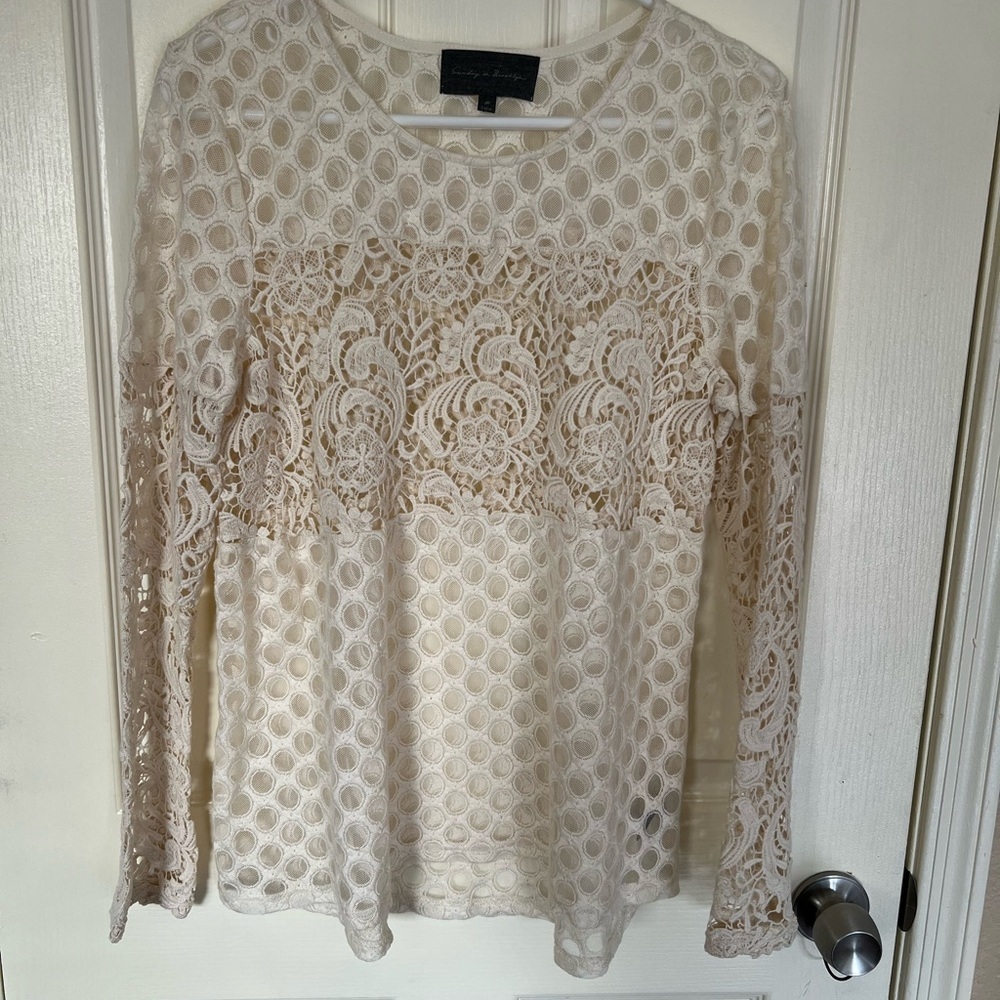Sunday in Brooklyn Anthropologie Cream Interlude Laced Tee 100% Cotton